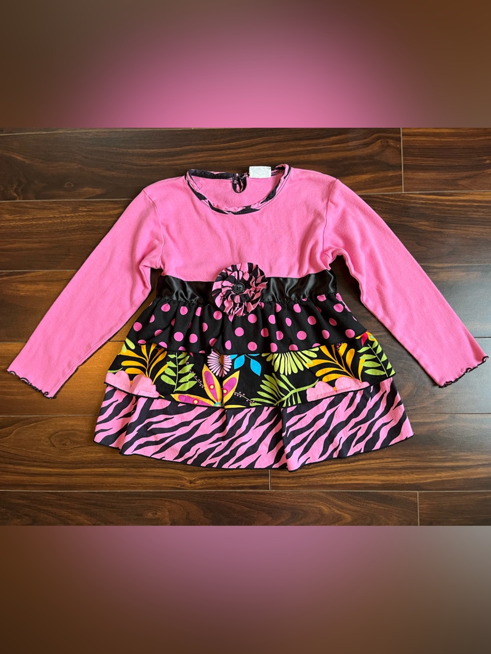 Ann Loren by Jess Kidz Kid’s Pink & Black  Long Sleeve Top with Ruffle Detail, 6